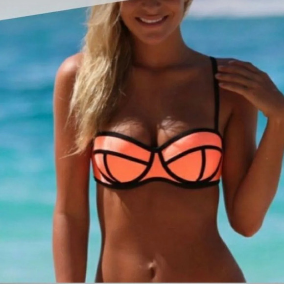 BIKINI TOP Neon Orange + Black Scuba Neoprene  SIZES S M & L - Picture 3 of 6